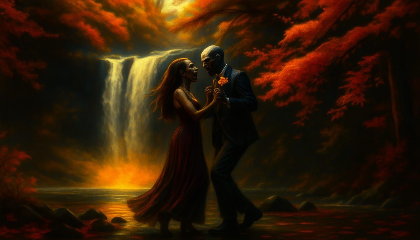 Zombie Couple Dances by Waterfall in Autumn Forest