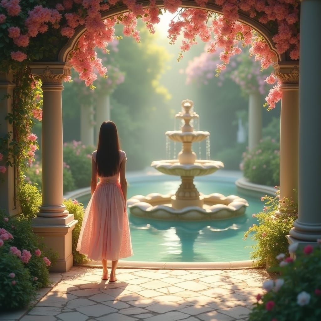 Romantic Fantasy Garden in Soft Light, Painterly Style