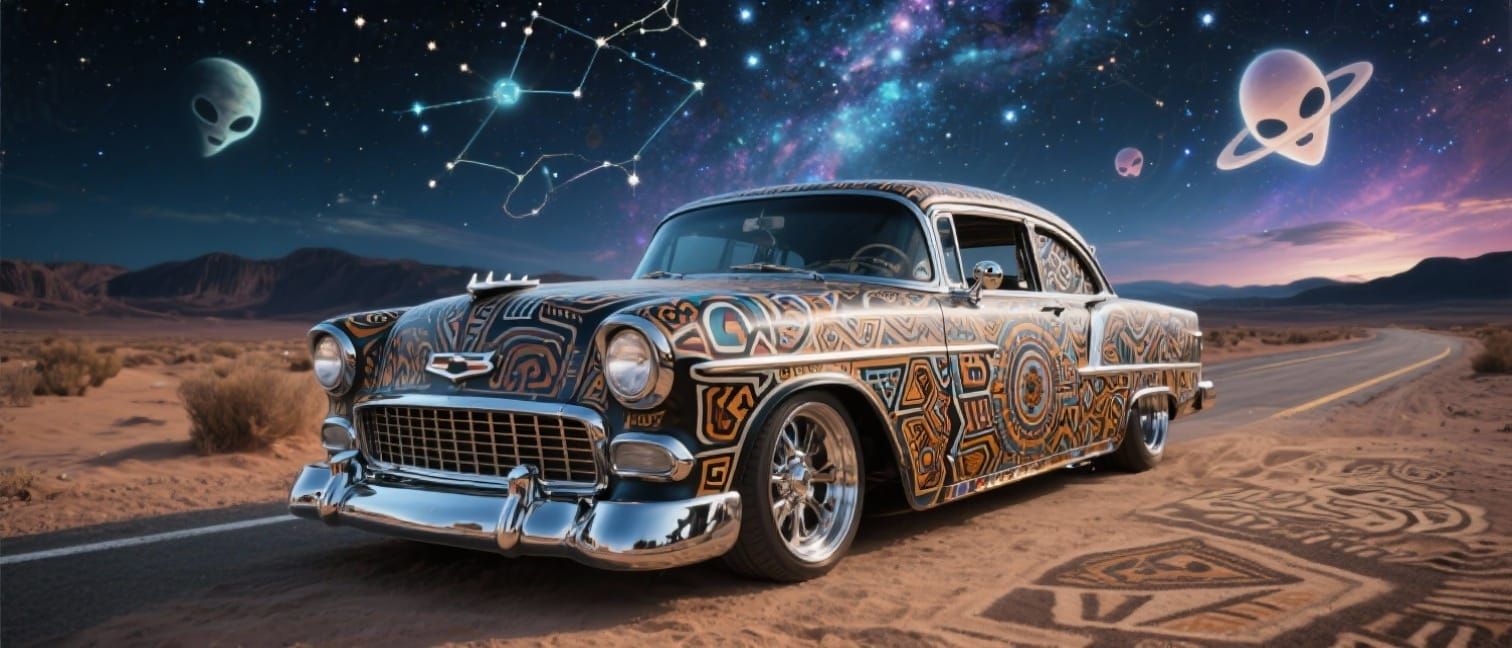 1950s Chevy Lowrider with Aztec Patterns on Desert Road