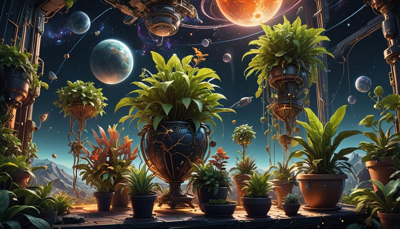 Fantastical Potted Plants Drifting in Outer Space