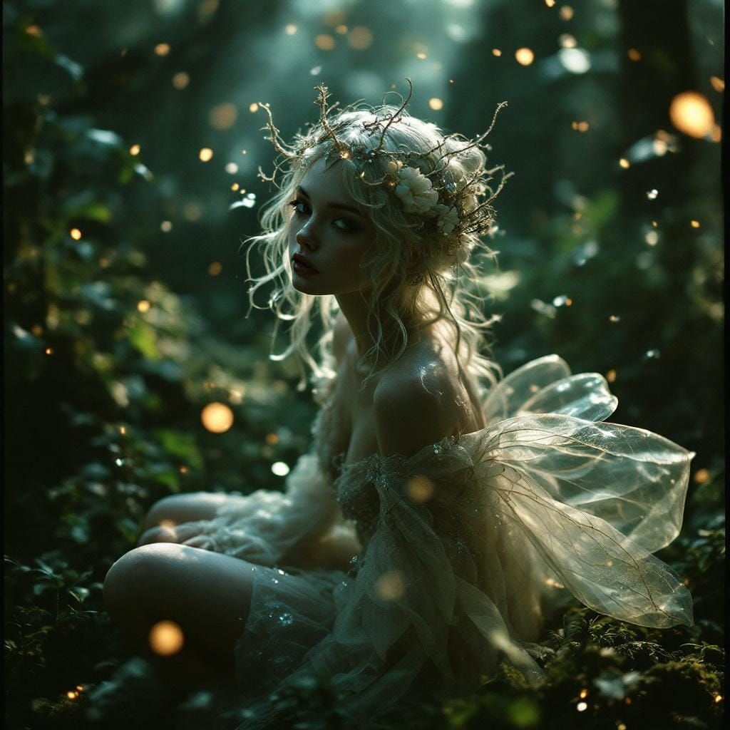 Mystical Fairy in Shimmering Attire with Cinematic Lighting
