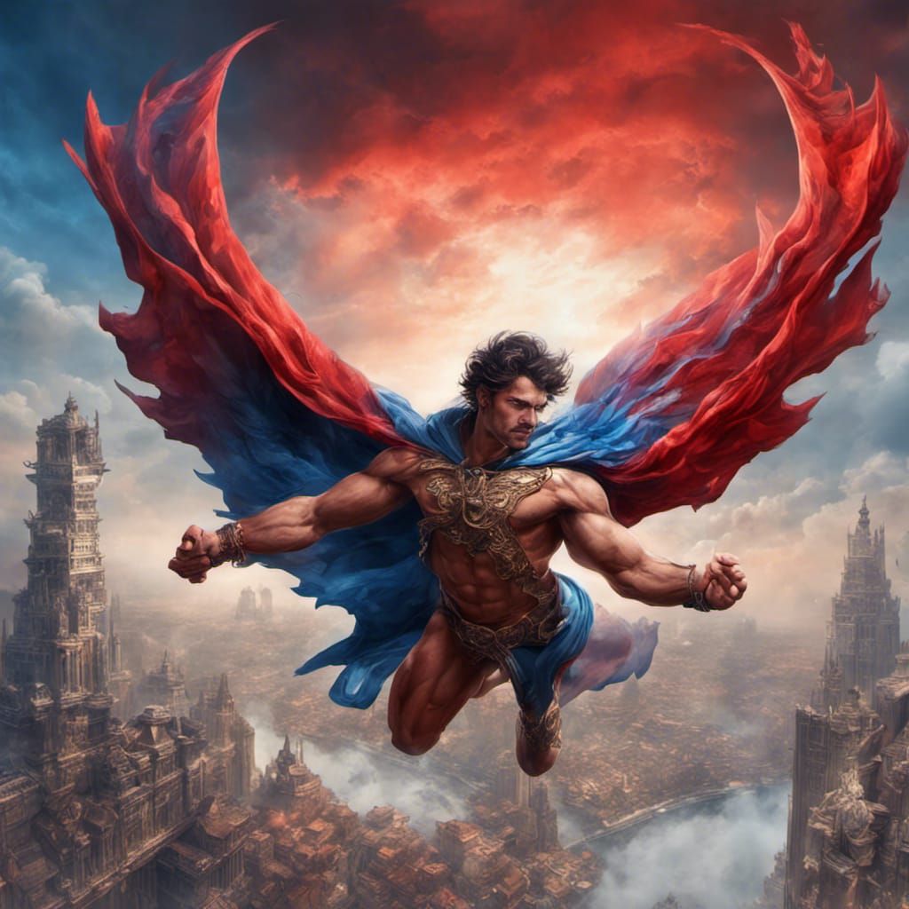 Superhero Flies Above Mysterious City: Fantasy Concept Art
