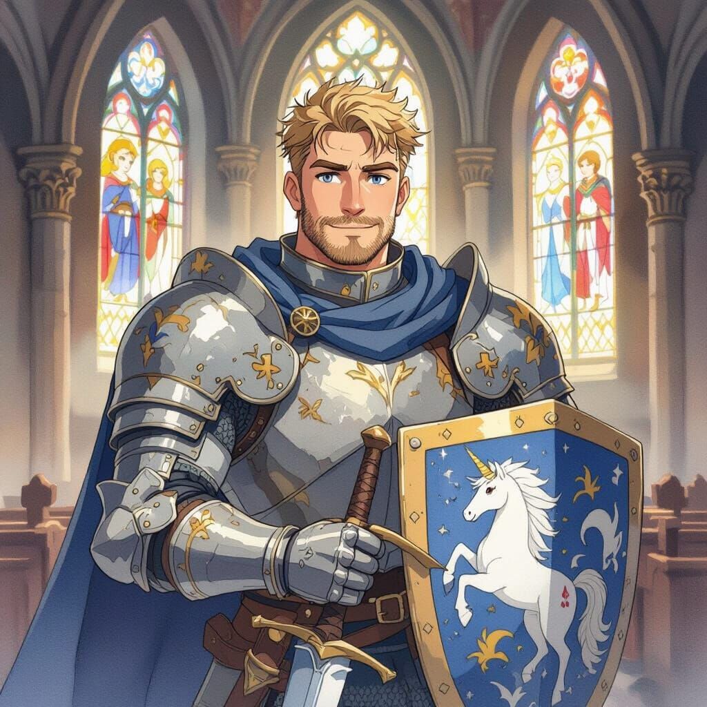 Ghibli-Style Knight in Gothic Church
