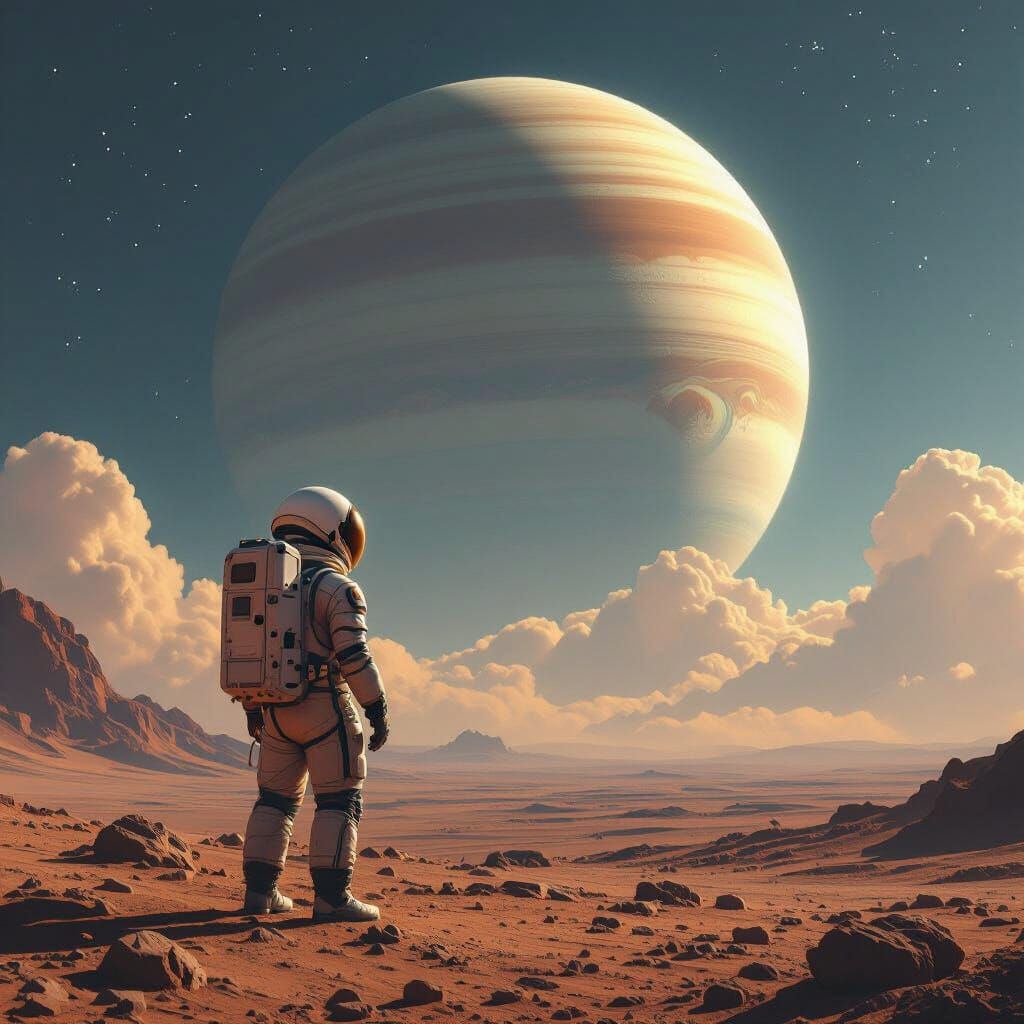 Astronaut on Barren Planet Gazing at Gas Giant