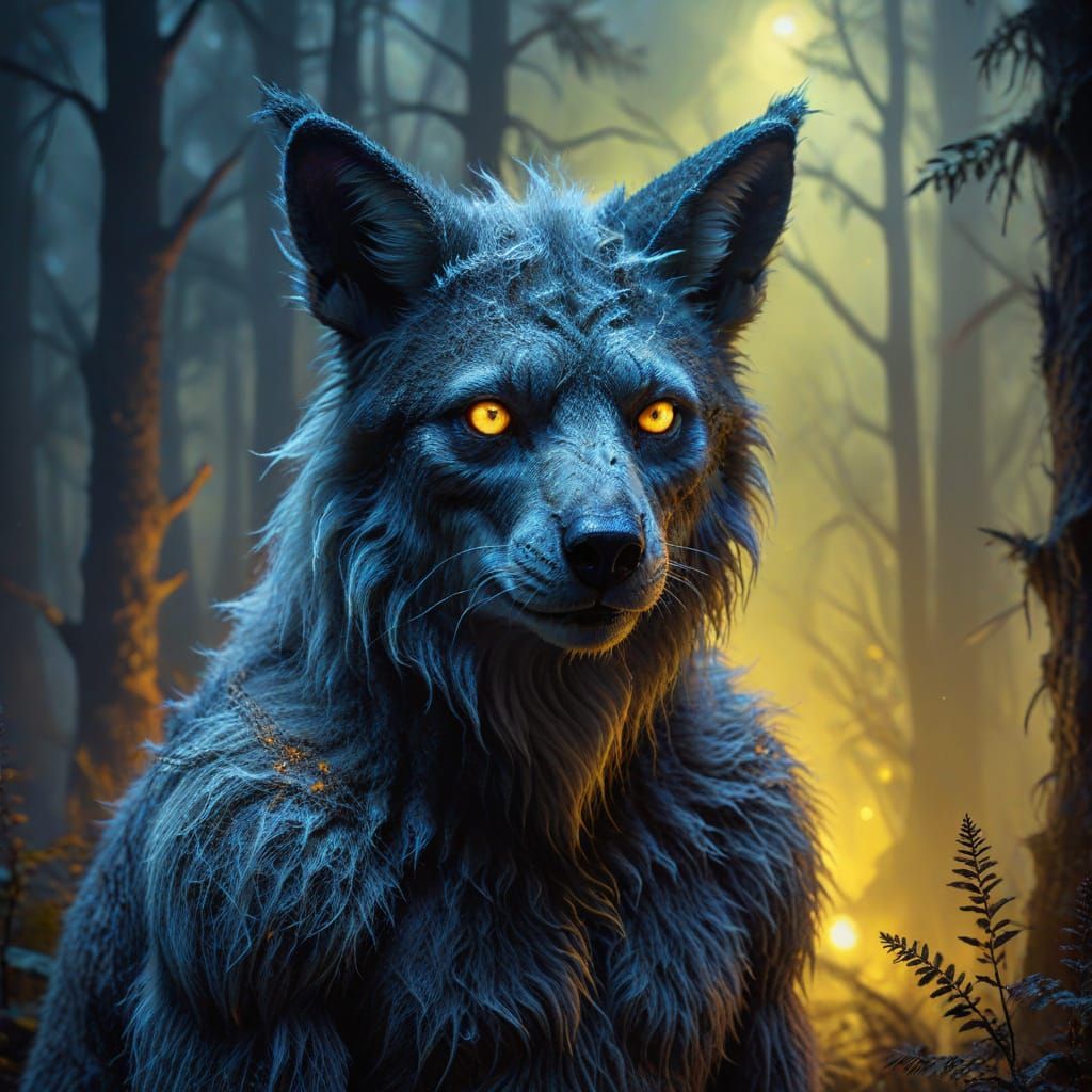 Surreal Portrait of a Marlupo in Moonlit Forest