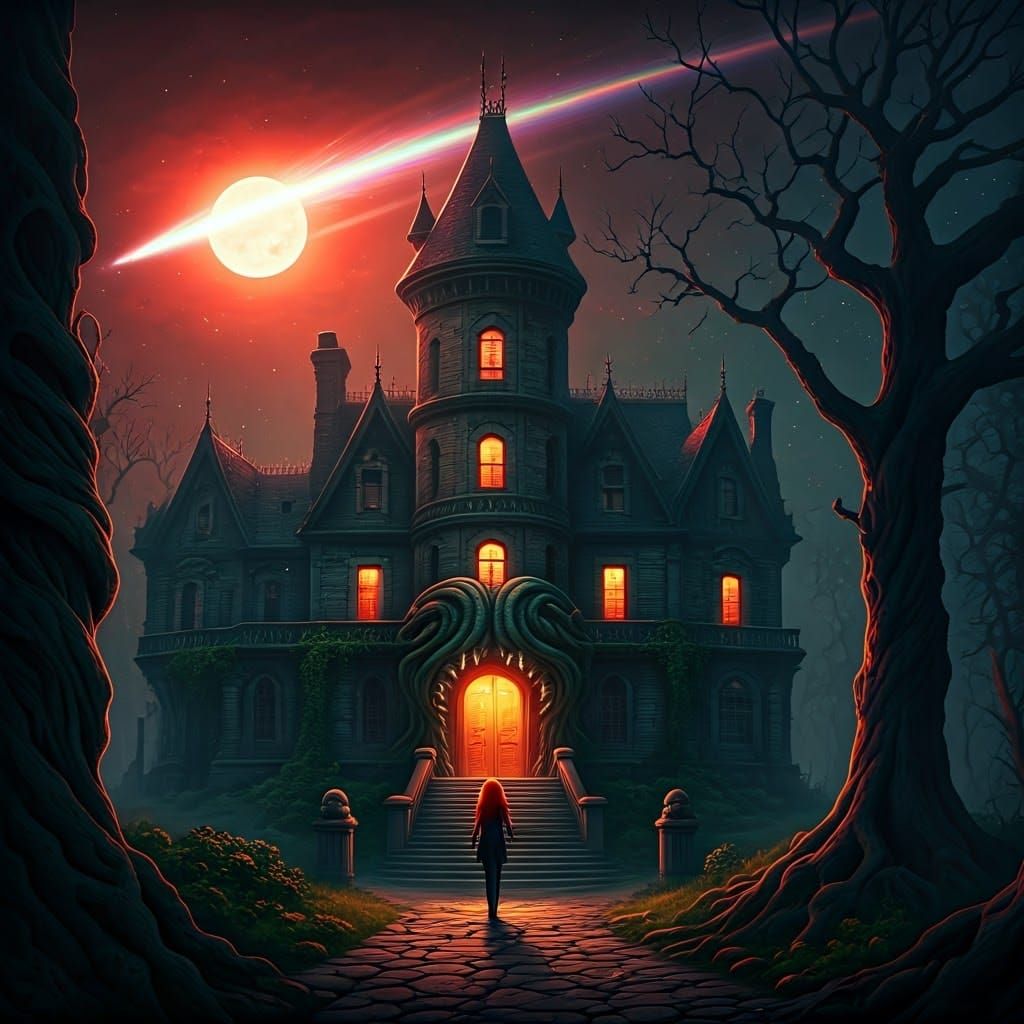 Ominous House with Comet in Eerie Gothic Style