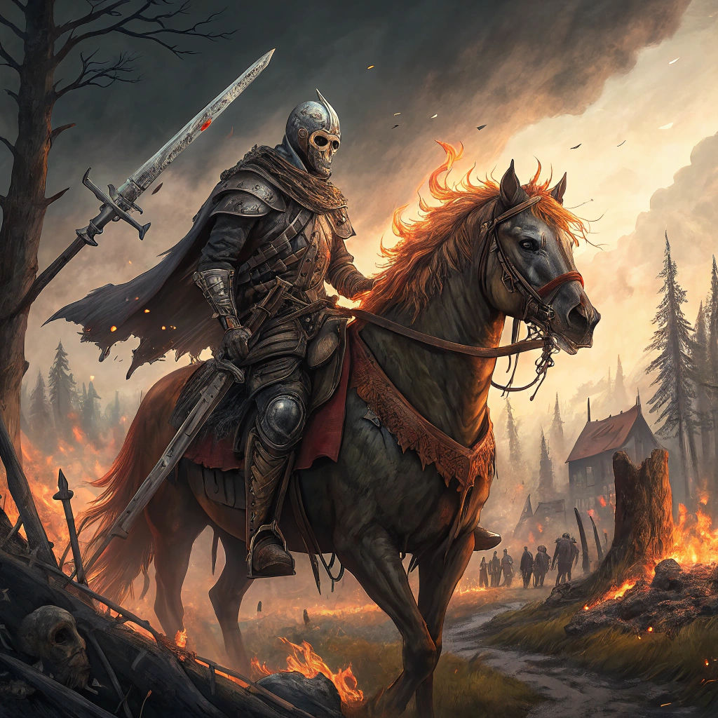 Apocalyptic Horseman Amidst Burning Ruins