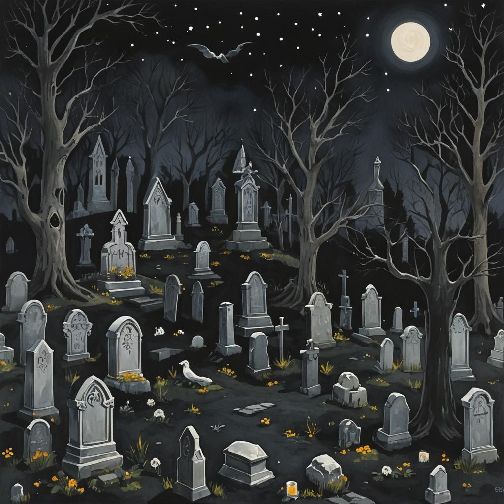 Dark Occult Graveyard at Night in Gouache