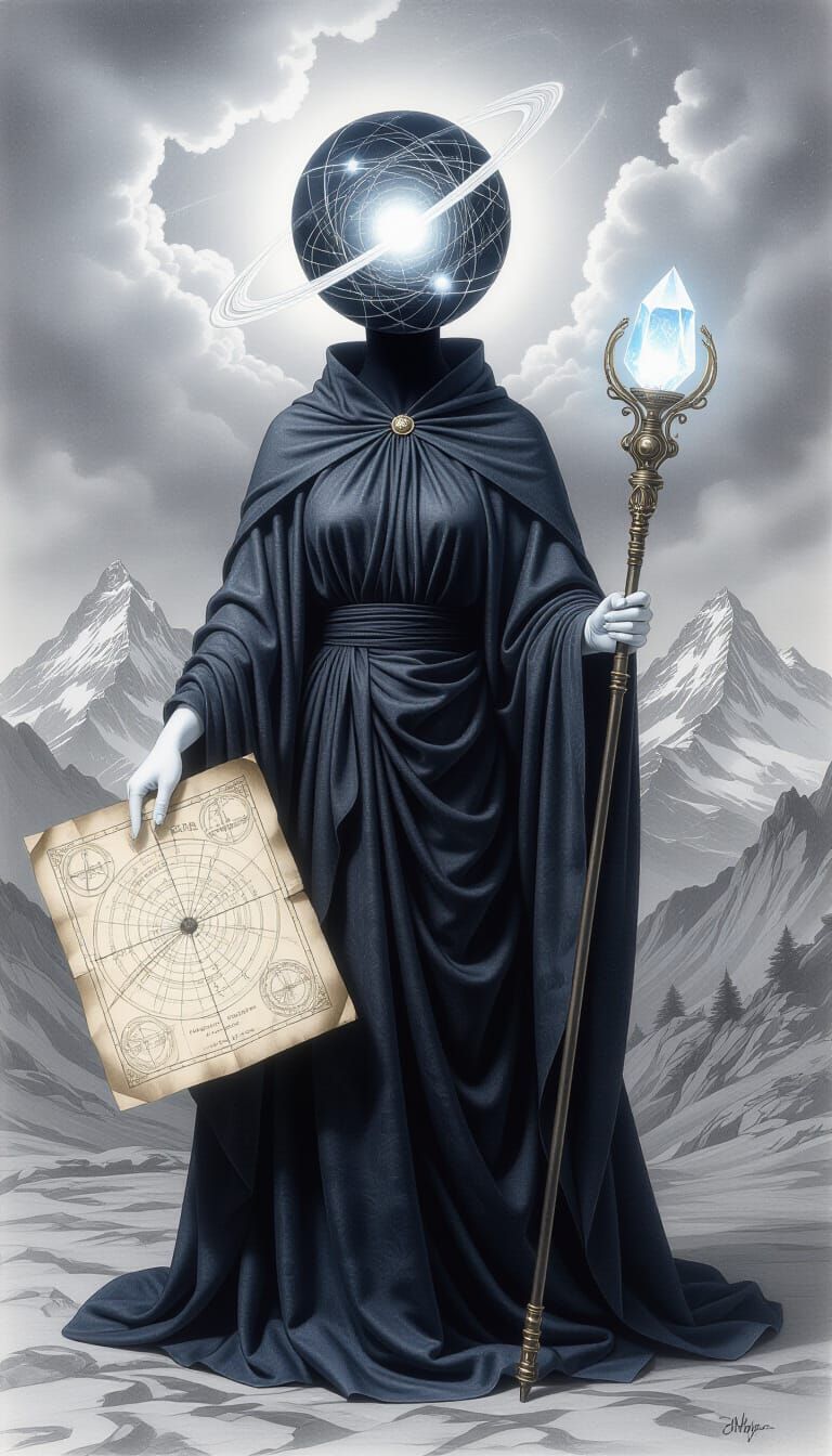 Figure with Celestial Orrery Head in Charcoal Art