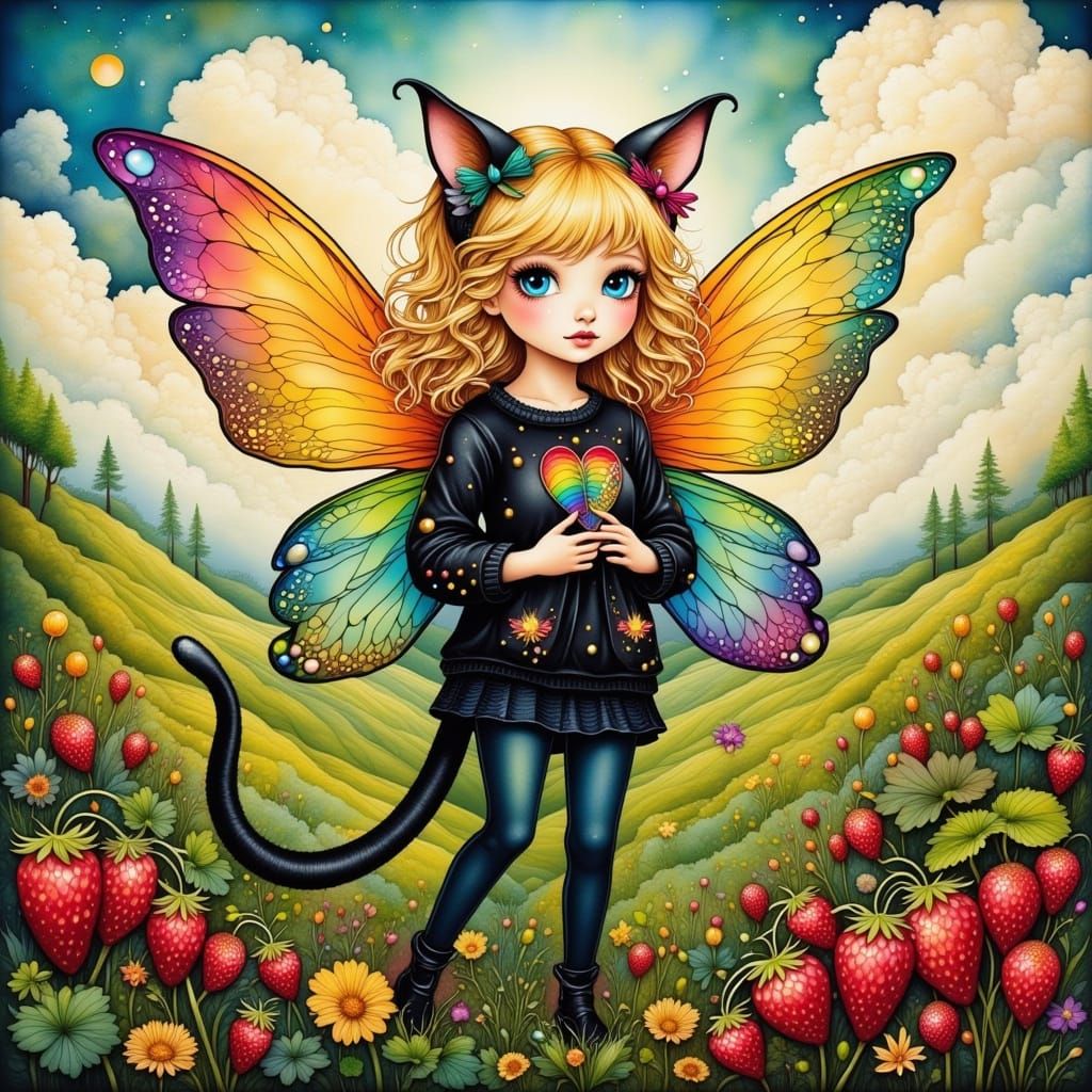 Whimsical Cat Fairy with Rainbow Wings in Strawberry Field