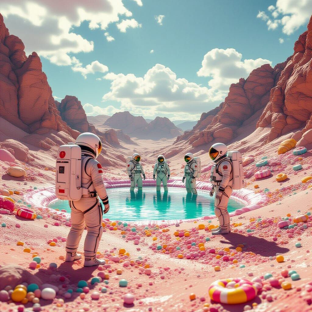 Astronauts Discover Candy Oasis: Cinematic Film Still