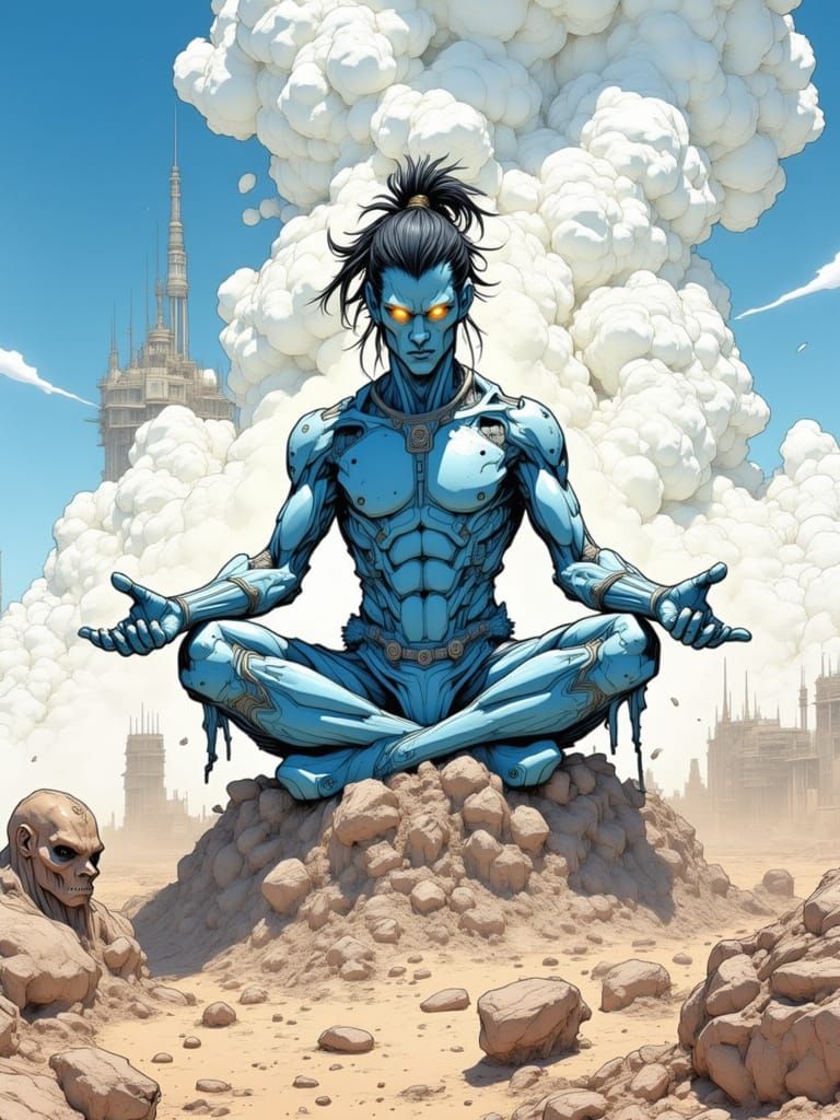 Djinn Genie Meditating in the Desert, Comic Book Art