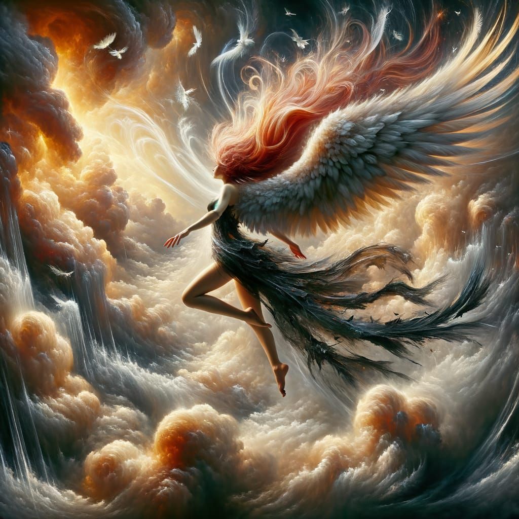 Angel Ascends Through Stormy Clouds