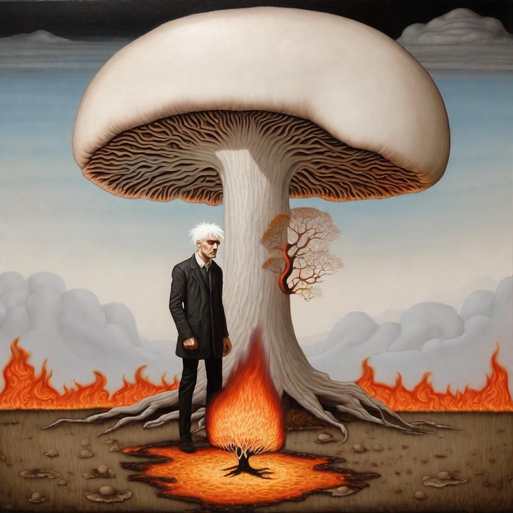 Surreal Man with Flaming Hair and Mushroom Tree