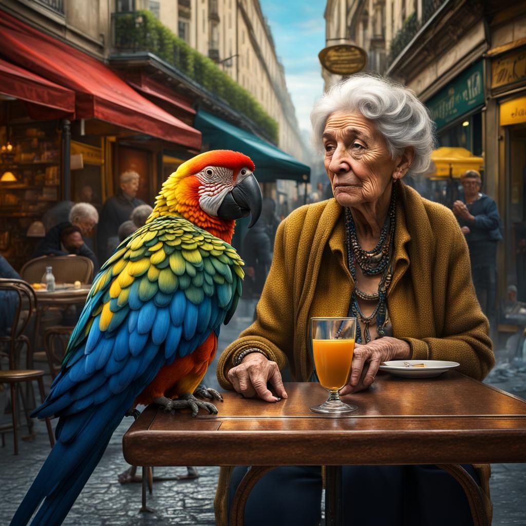 Colorful Parrot in Paris Cafe Scene