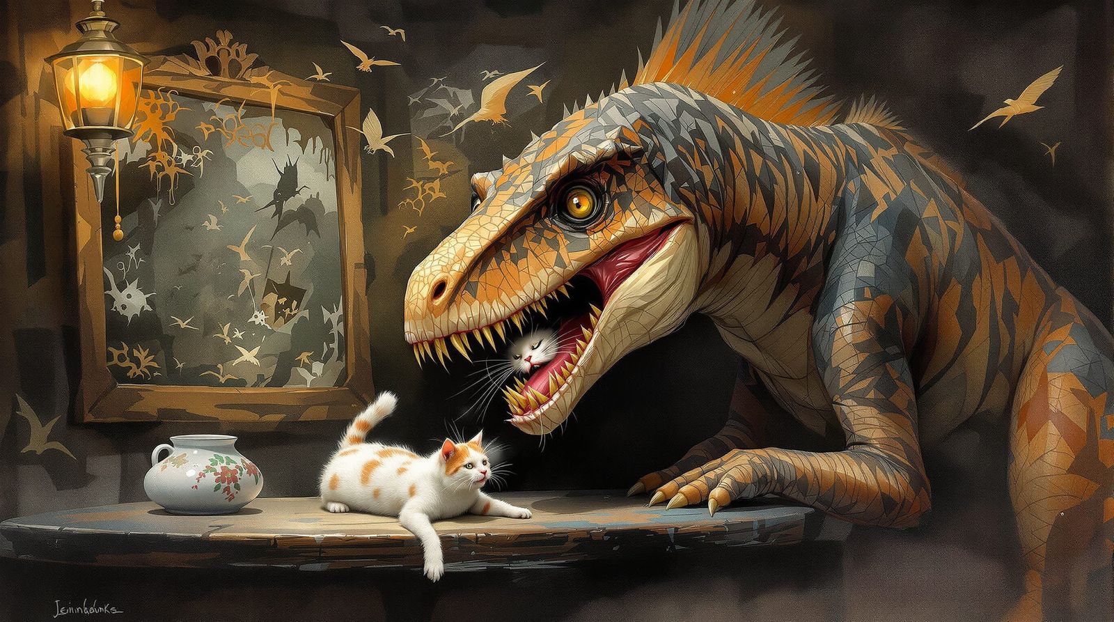 Dinosaur's Surreal Starbucks Snack: A Mixed Media Painting