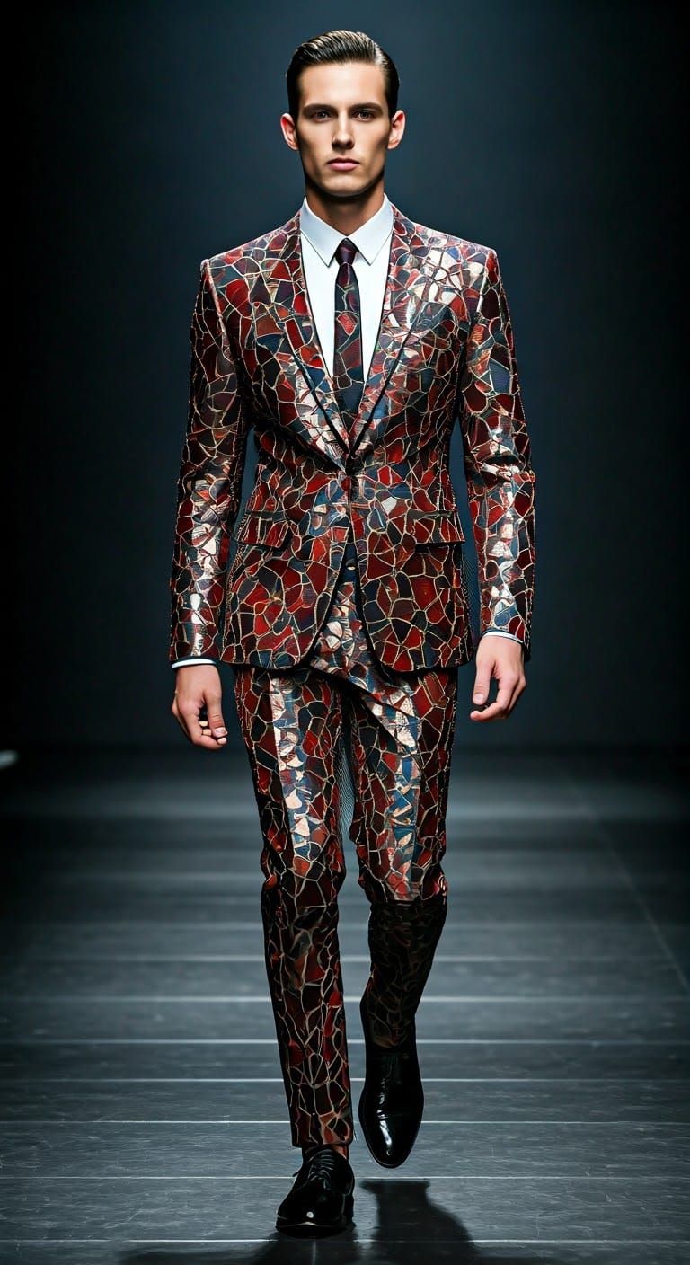 Chiseled Male Model in Gothic Stained Glass Couture Suit