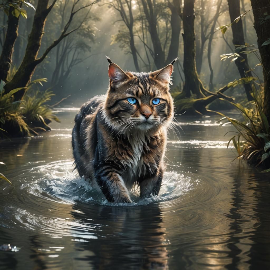 Tomcat Swimming in Forest River: Photorealistic Wildlife