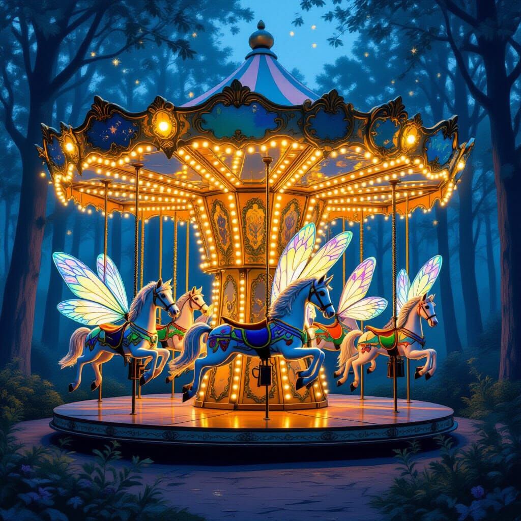 Whimsical Firefly Carousel in Surreal Twilight Forest