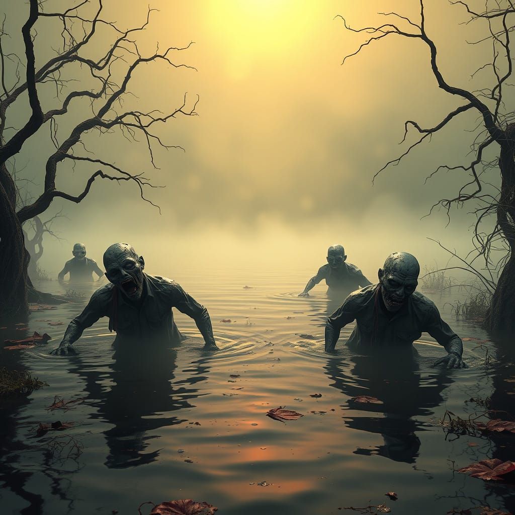 Decaying Zombies Rise from Foggy Lake in Haunting Realism