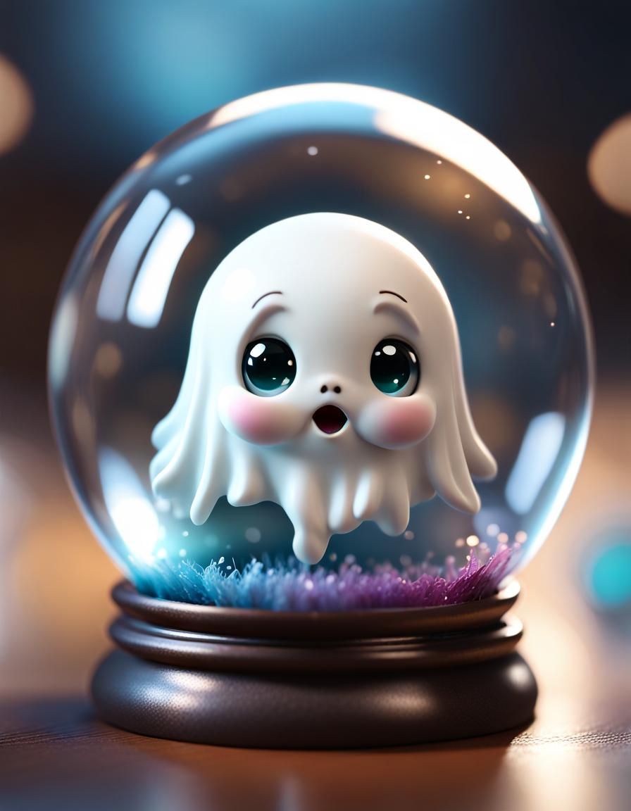 Cute Chibi Ghost in Glass Ball: 3D Render
