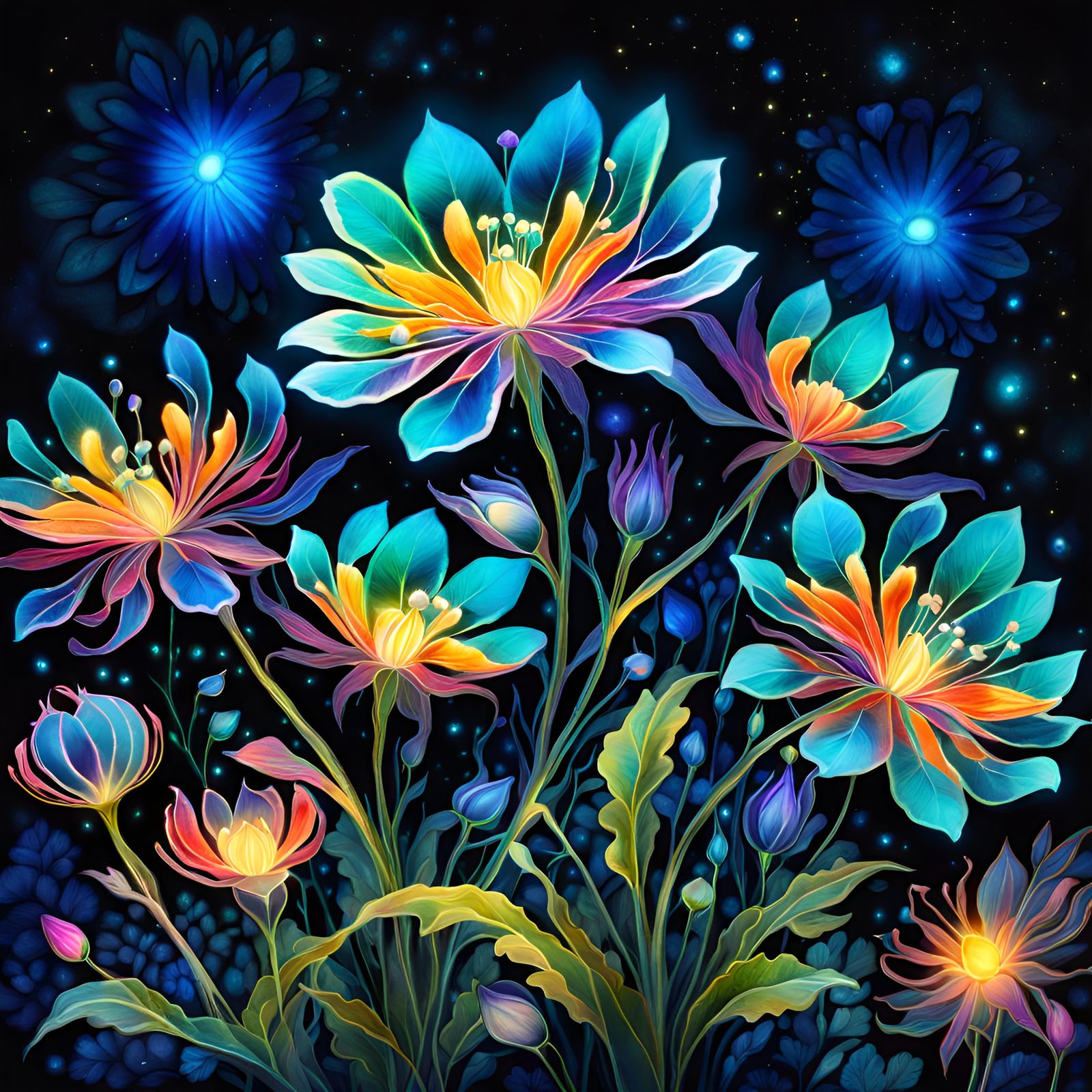 Bioluminescent Fantasy Flowers in Watercolor Art