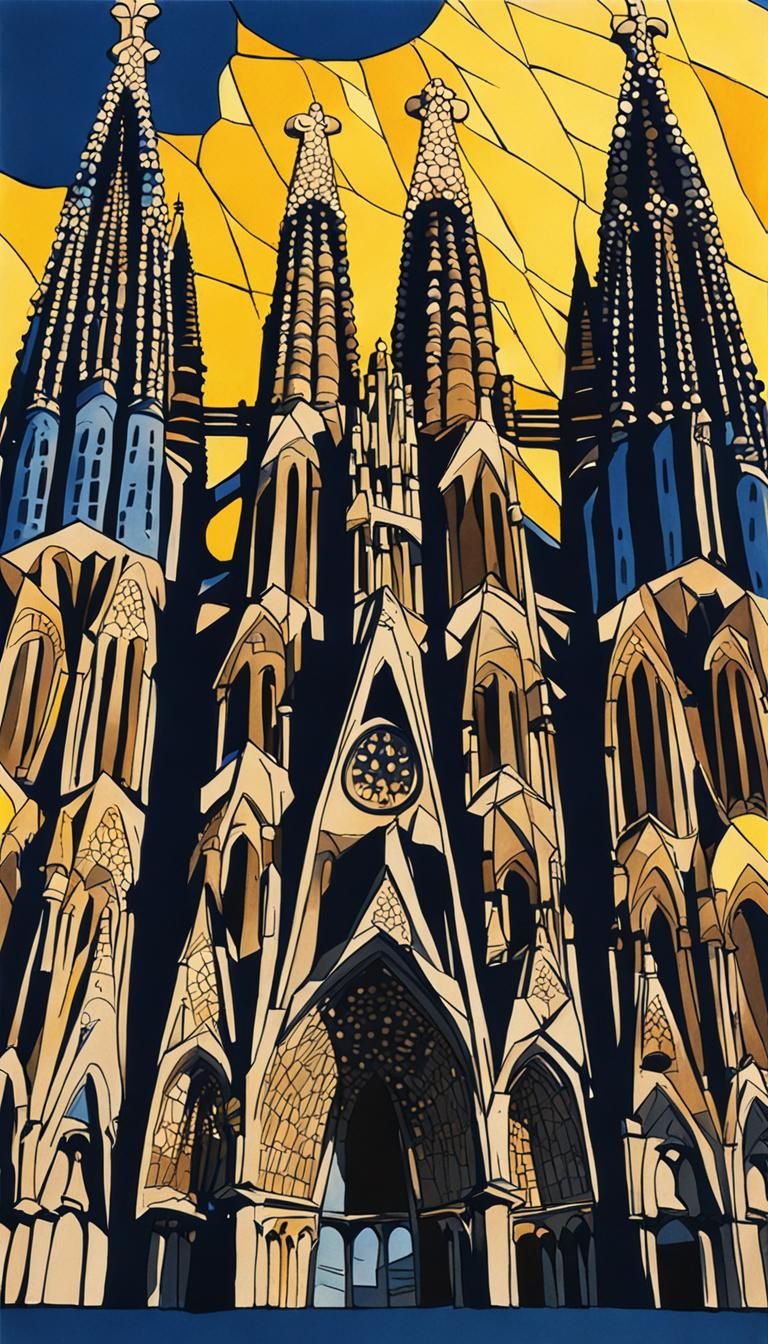 Sagrada Familia in Ink with Dark Blue Sky