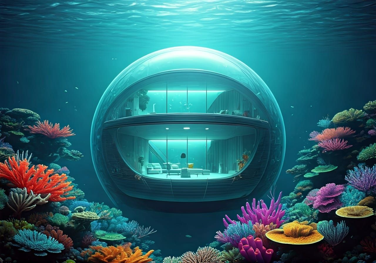Futuristic Underwater Dome Habitat with Coral Reef