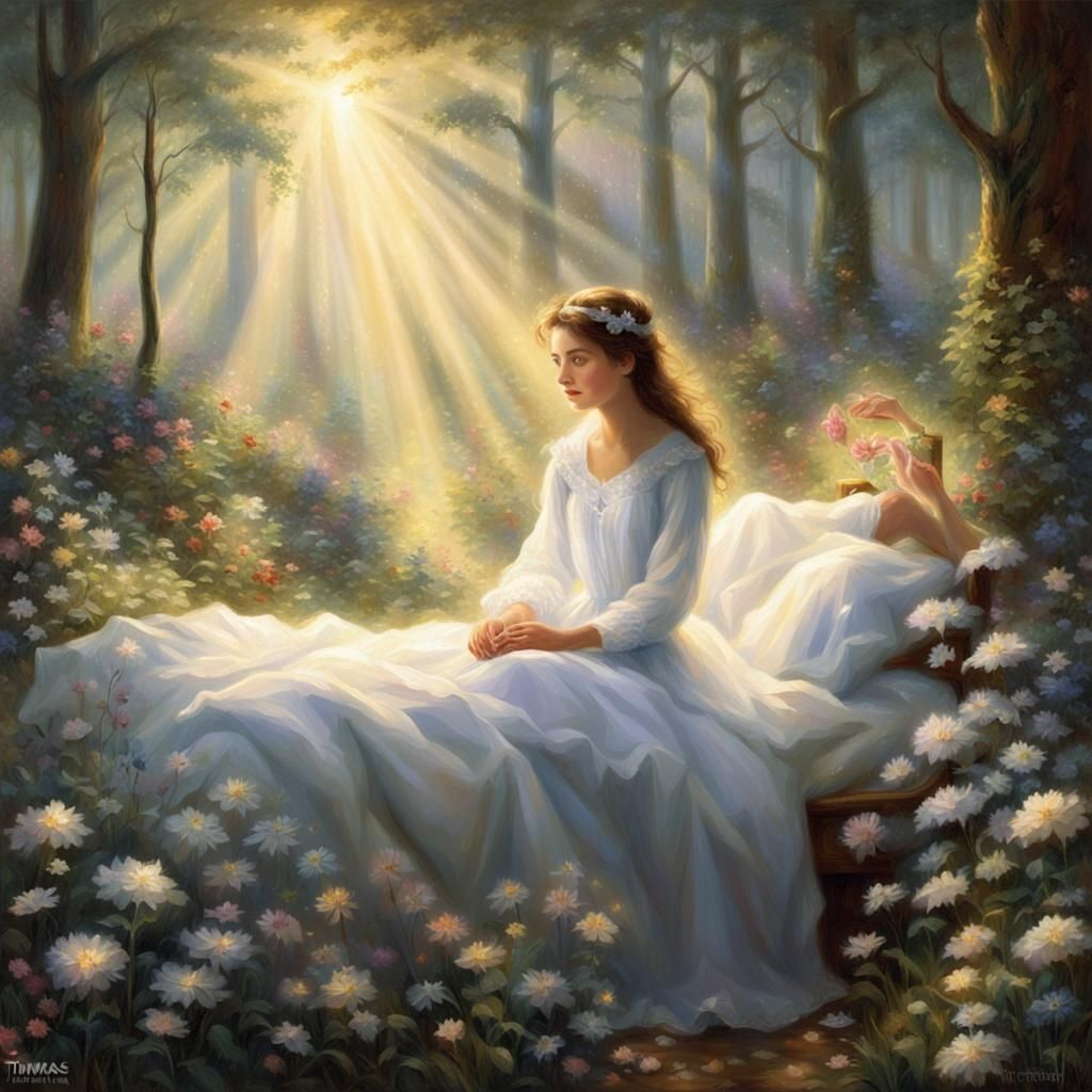 Ethereal Woman in Forest of Flowers