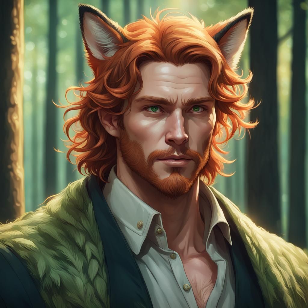 Fox-Eared Man with Ginger Hair in Forest Portrait