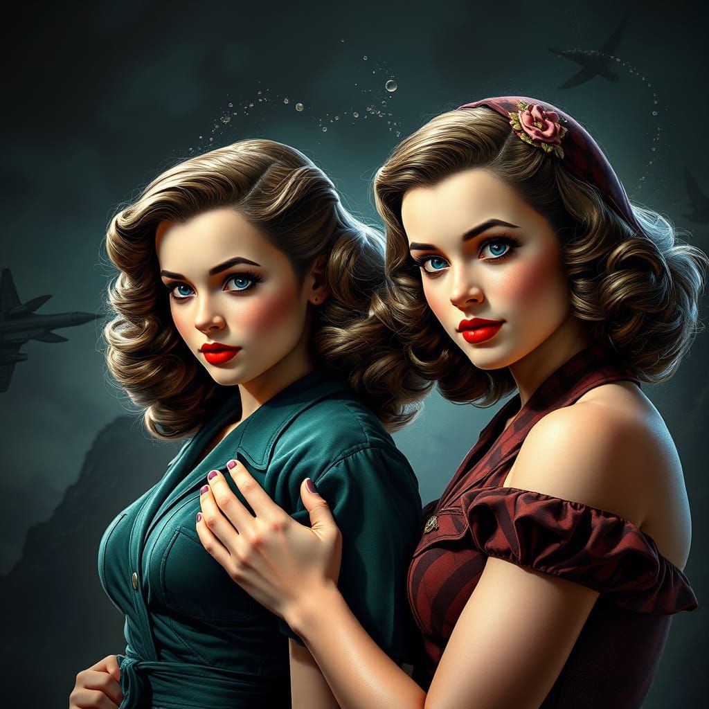 Vintage Pin Up Girls in a WW2 Fantasy Landscape