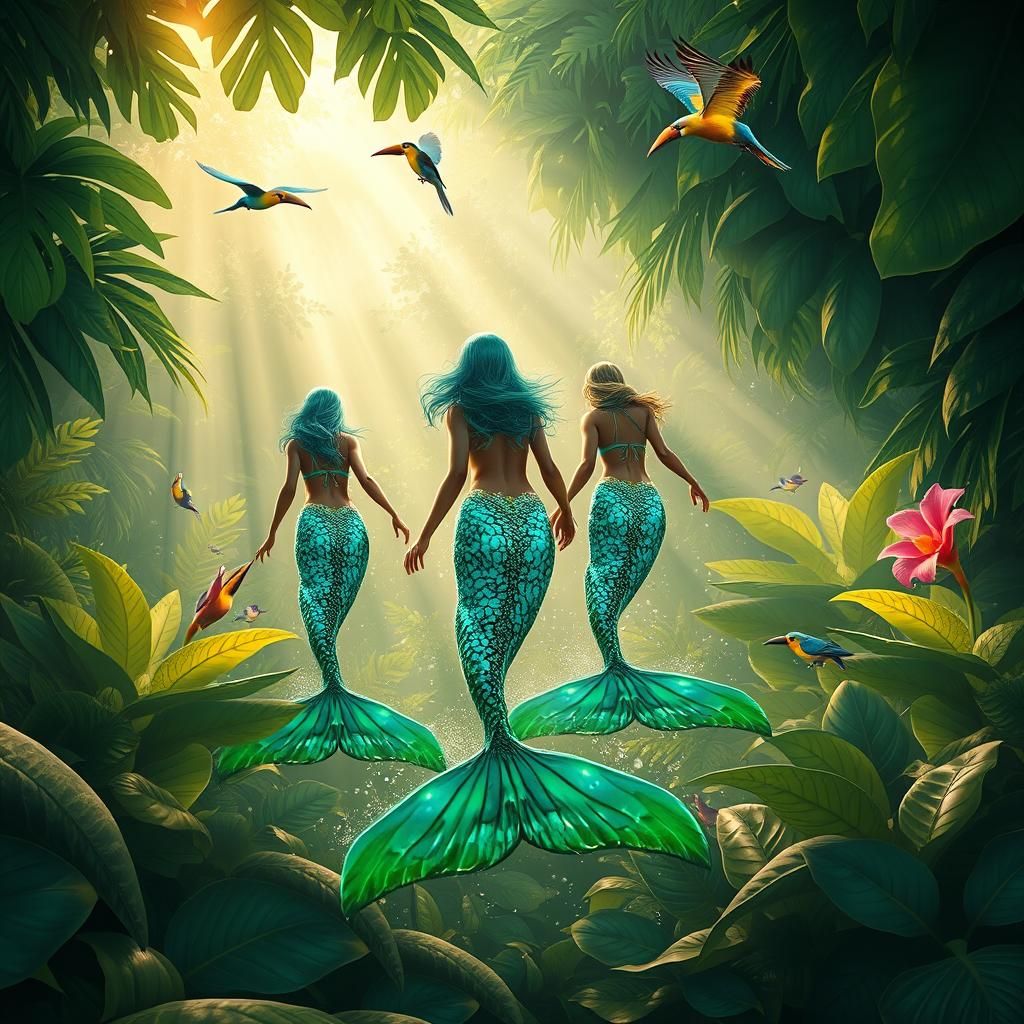 Mermaids in Zambia Jungle: Photorealistic Illustration