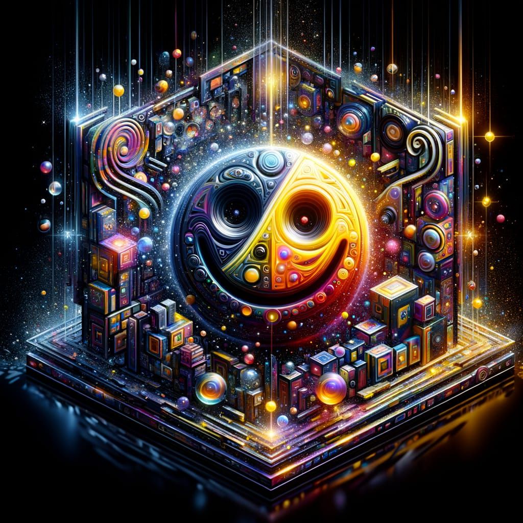 An ACID smiley that comes out of a picture 3D style and broadcasts the color of the smiley downwards, black background, ...