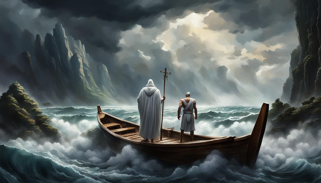 Muscular Elderly Man Rowing Boat on Stormy Sea