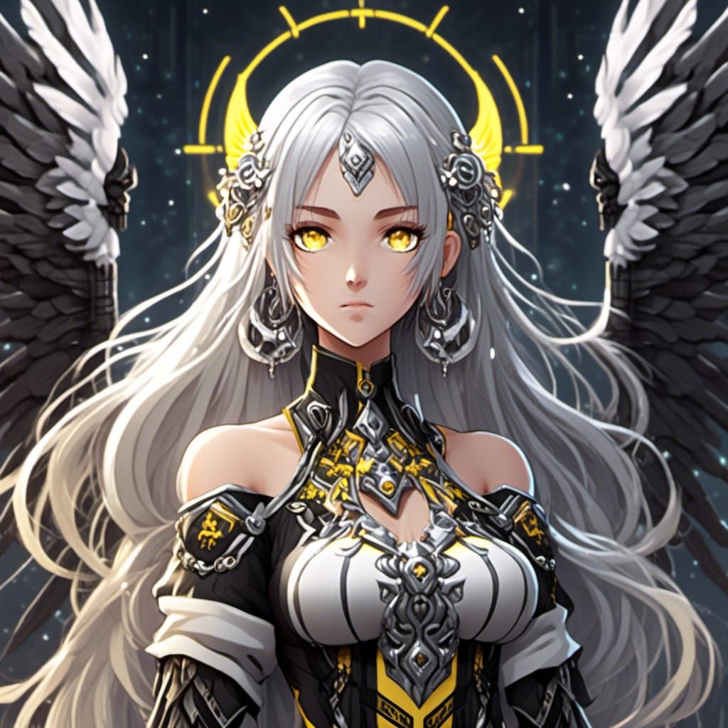 Asymmetrical Anime Goddess, flowing Silver hair, Yellow eyes, black & silver angel wings, black and gray with yellow acc...