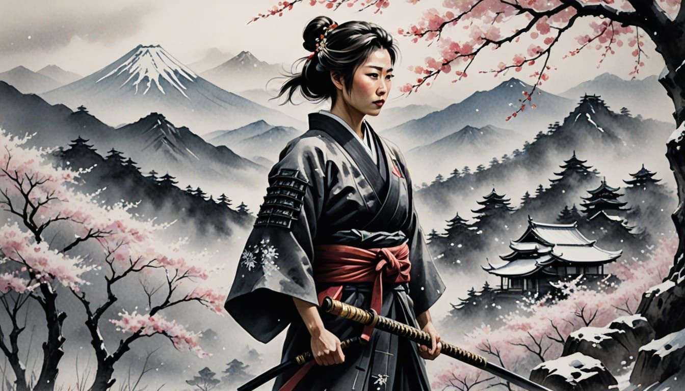 Female Samurai on Battlefield in Sumi-e Style