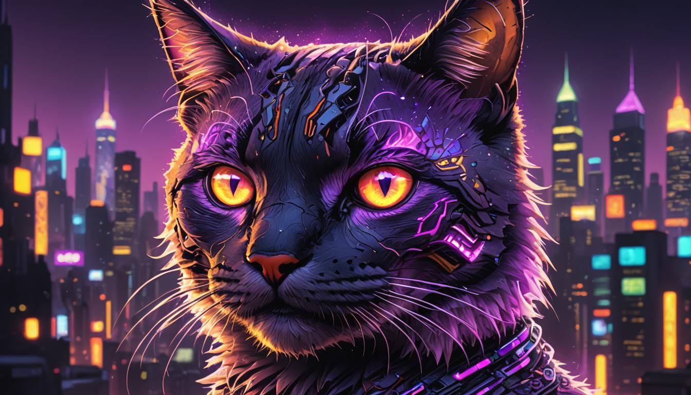 Cyberpunk Cat with Fire Eyes and Neon Aura