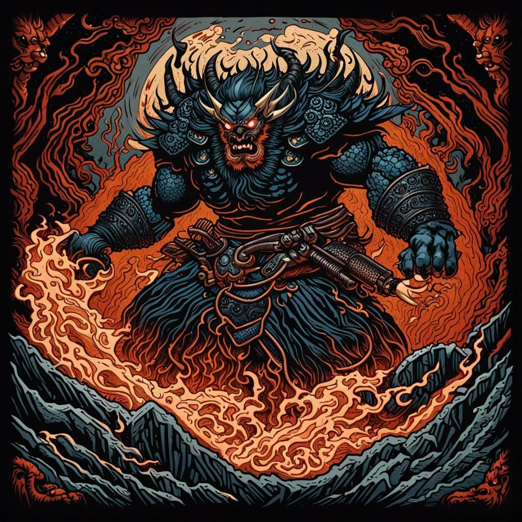 Samurai Balrog Woodblock Print from Mines of Moria