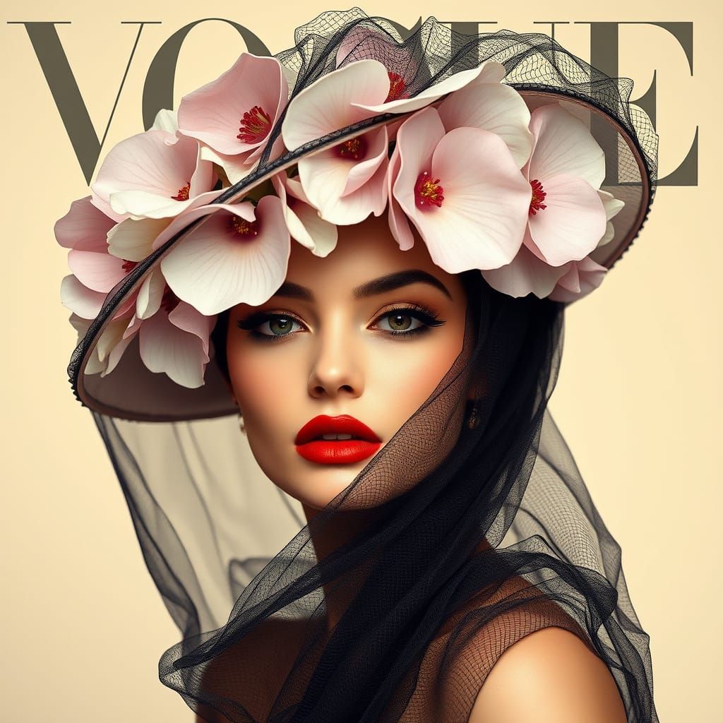 Elegant Floral Vogue Cover Girl in Vintage High Fashion Styl...