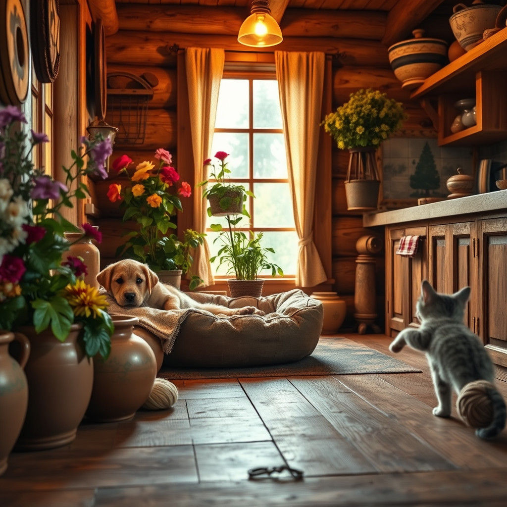 Cozy Rustic Cabin Kitchen with Puppy and Kitten