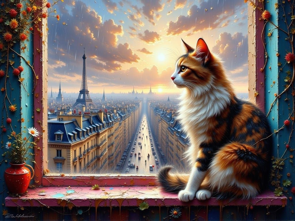 Calico Cat on Parisian Windowsill in Surreal Rain