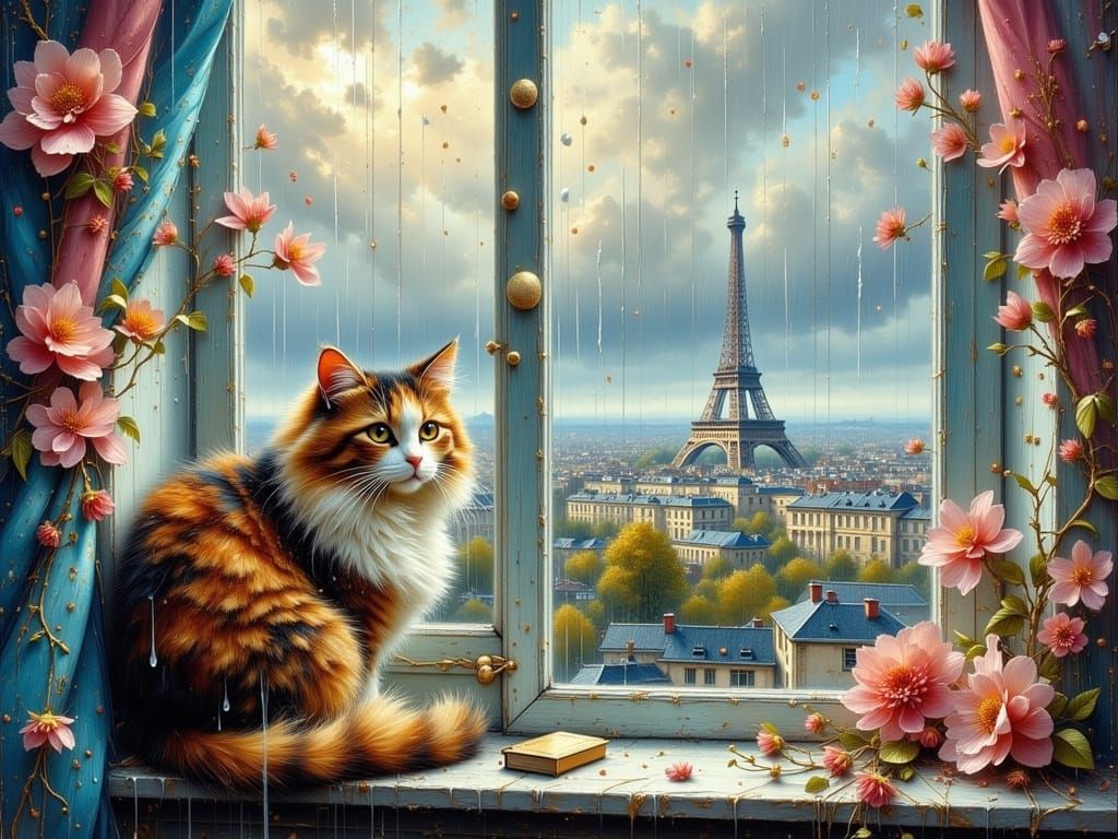 Calico Cat by Pastel Pink and Blue Windowsill