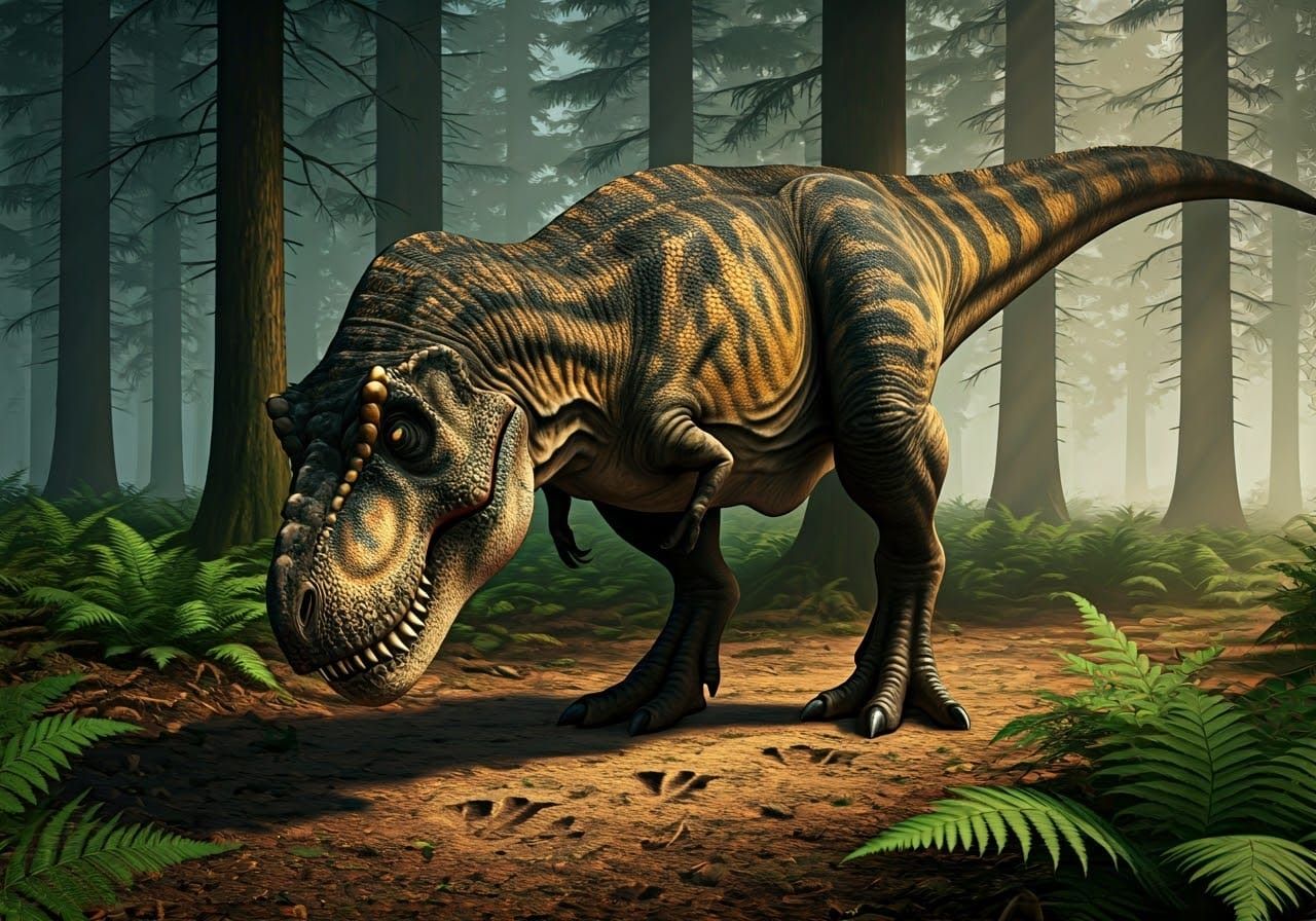 Tyrannosaurus Rex in Dappled Forest with Ferns and Footprint...