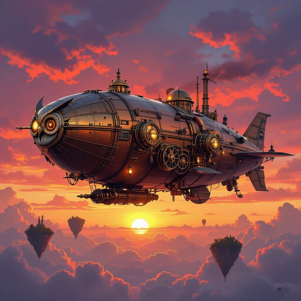 Steampunk Owl Airship Soaring Through Crimson Sunset