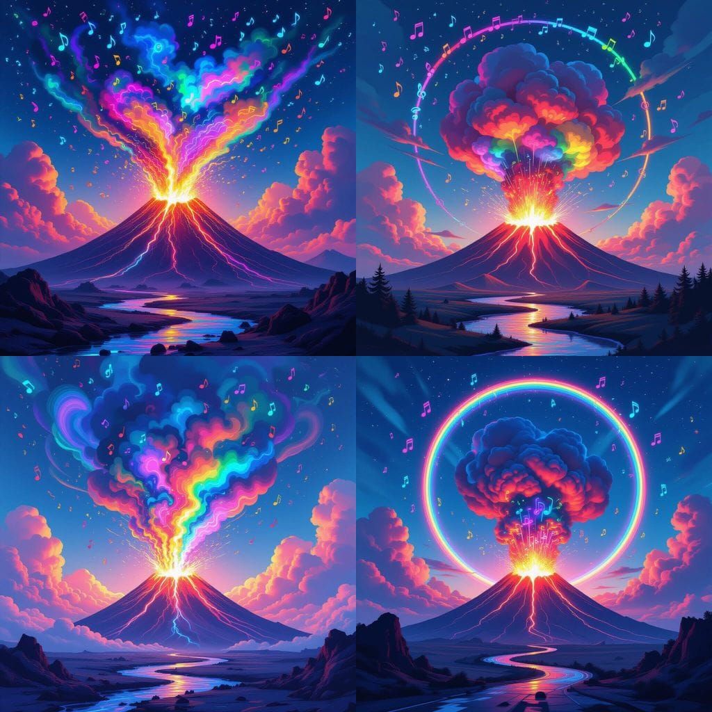 Hyperrealistic Volcano Eruption of Musical Notes