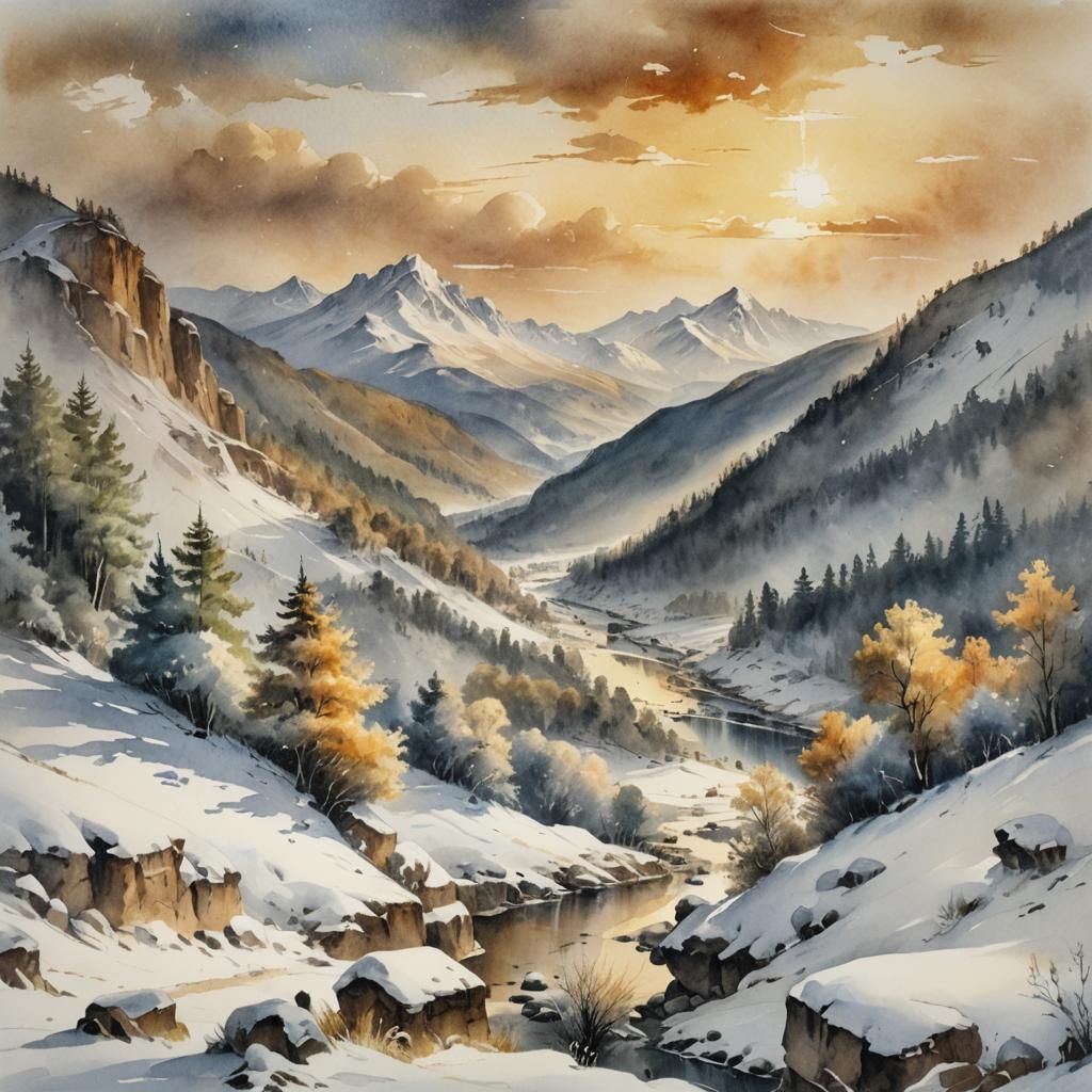 Dreamy Mountain Valley Landscape in Watercolor Style