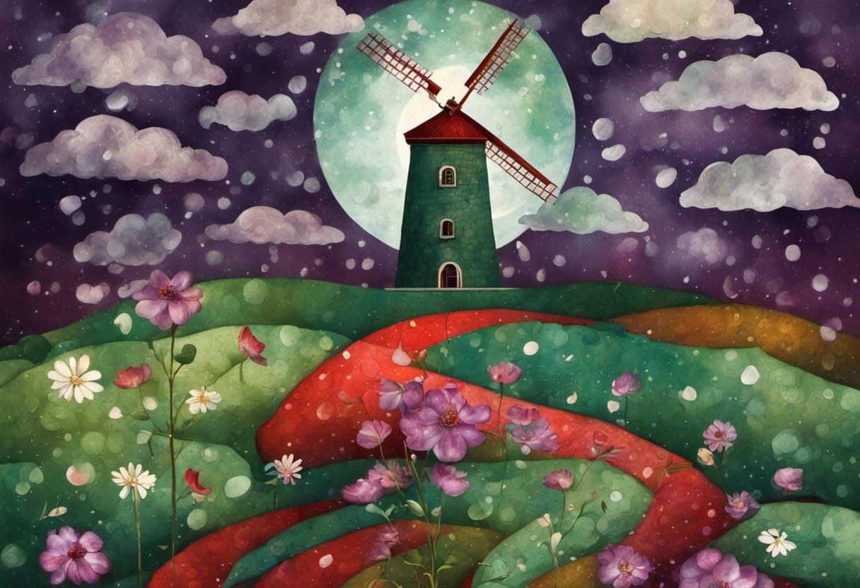 Moonlit Portuguese Windmill with Stormy Sky