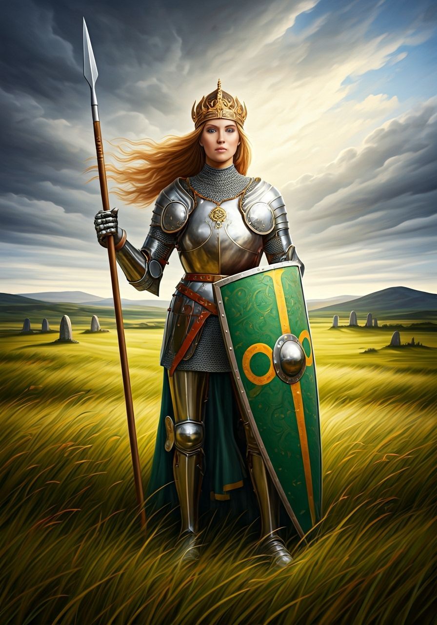 Irish Warrior Queen in Windswept Field, Classical Oil Painti...