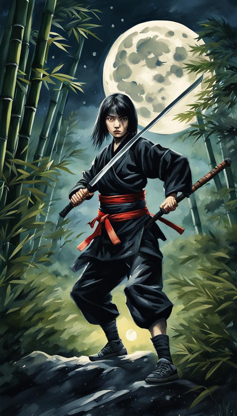 Ninja Ready to Fight in Bamboo Forest, Watercolor Style