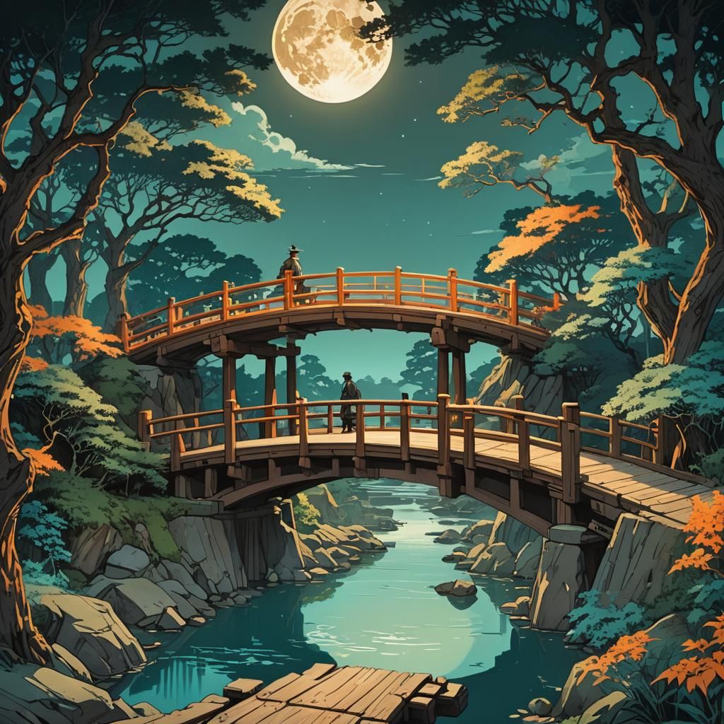 Moonlit Bridge: Japanese Art Fusion